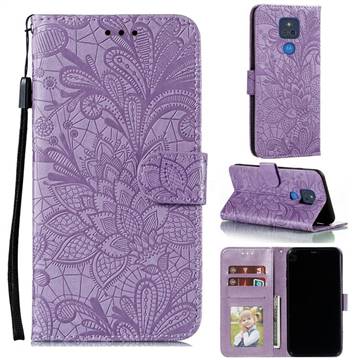 Intricate Embossing Lace Jasmine Flower Leather Wallet Case for Motorola Moto G Play(2021) - Purple