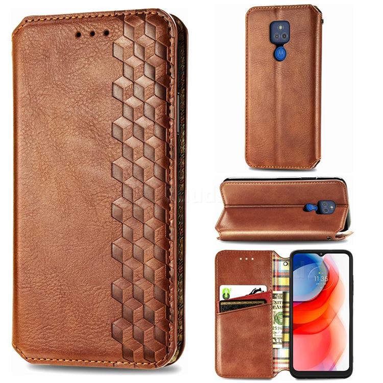 Ultra Slim Fashion Business Card Magnetic Automatic Suction Leather Flip Cover for Motorola Moto G Play(2021) - Brown