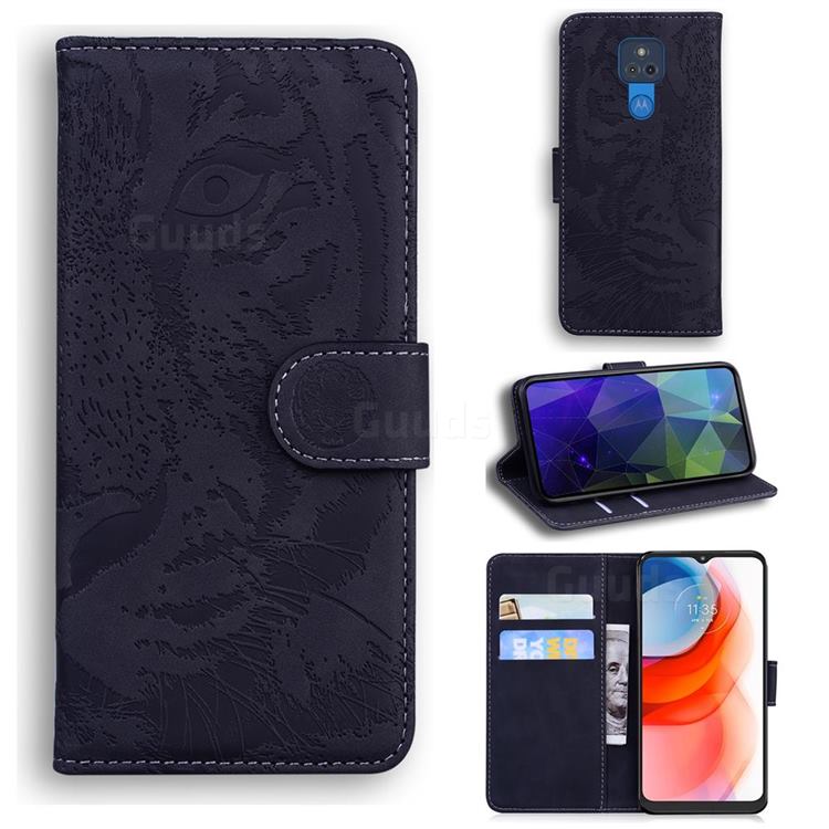 Intricate Embossing Tiger Face Leather Wallet Case for Motorola Moto G Play(2021) - Black