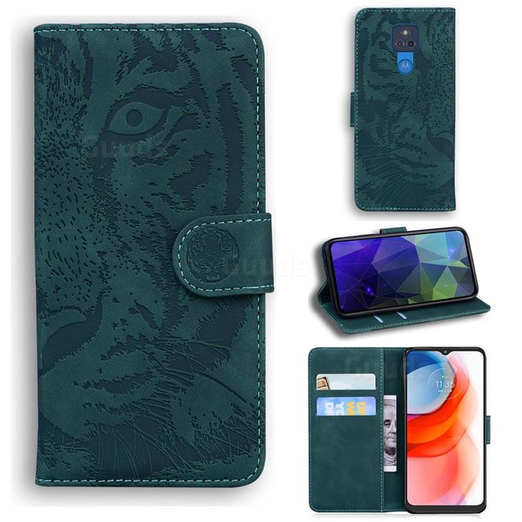 Intricate Embossing Tiger Face Leather Wallet Case for Motorola Moto G Play(2021) - Green