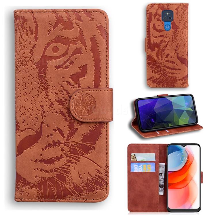 Intricate Embossing Tiger Face Leather Wallet Case for Motorola Moto G Play(2021) - Brown
