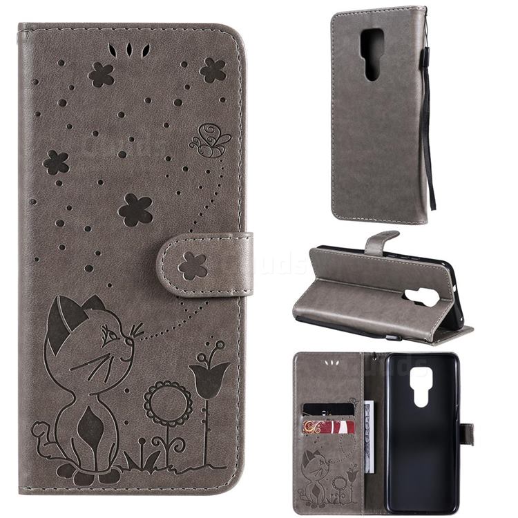 Embossing Bee and Cat Leather Wallet Case for Motorola Moto G Play(2021) - Gray