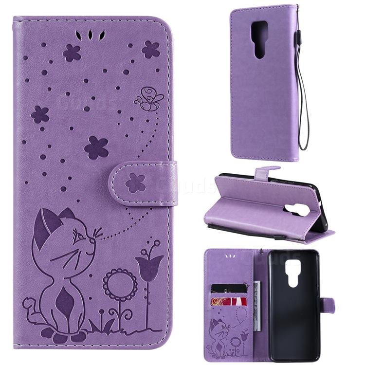 Embossing Bee and Cat Leather Wallet Case for Motorola Moto G Play(2021) - Purple