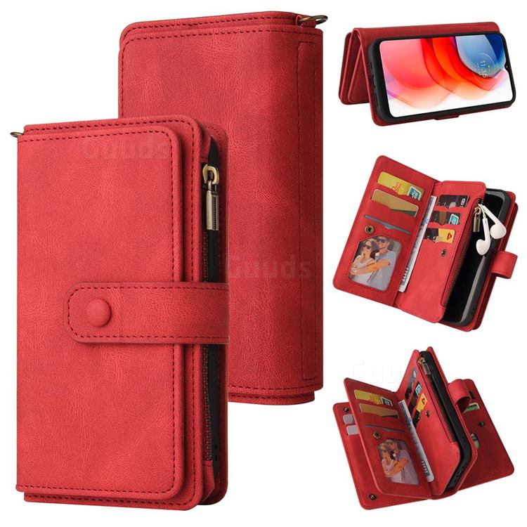 Luxury Multi-functional Zipper Wallet Leather Phone Case Cover for Motorola Moto G Play(2021) - Red