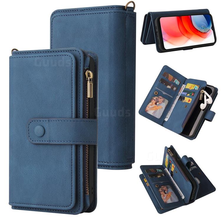 Luxury Multi-functional Zipper Wallet Leather Phone Case Cover for Motorola Moto G Play(2021) - Blue