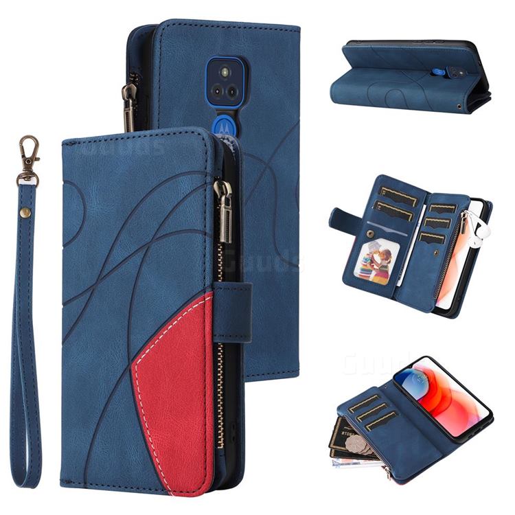 Luxury Two-color Stitching Multi-function Zipper Leather Wallet Case Cover for Motorola Moto G Play(2021) - Blue