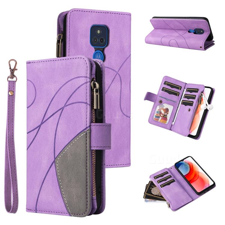 Luxury Two-color Stitching Multi-function Zipper Leather Wallet Case Cover for Motorola Moto G Play(2021) - Purple