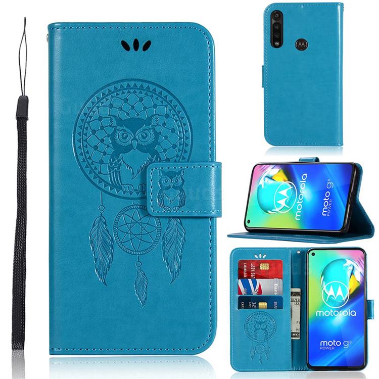 Intricate Embossing Owl Campanula Leather Wallet Case for Motorola Moto G Power - Blue