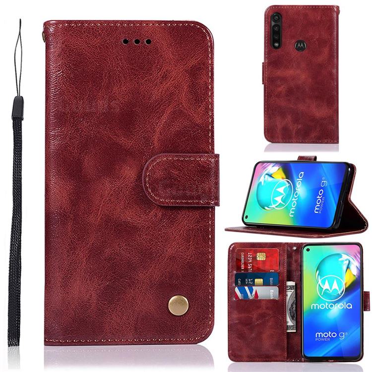 Luxury Retro Leather Wallet Case for Motorola Moto G Power - Wine Red