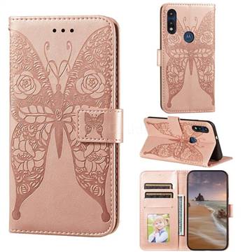 Intricate Embossing Rose Flower Butterfly Leather Wallet Case for Motorola Moto G Power 2020 - Rose Gold
