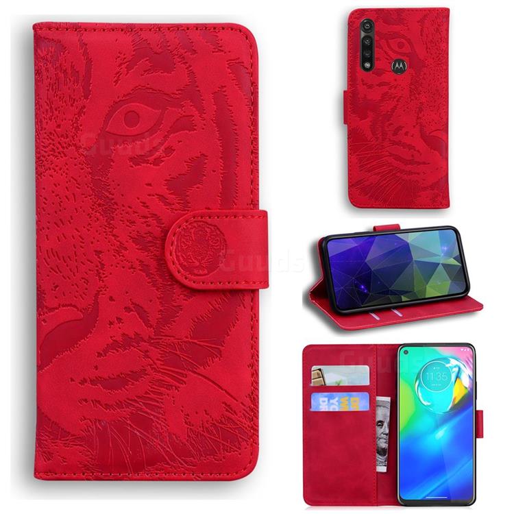 Intricate Embossing Tiger Face Leather Wallet Case for Motorola Moto G Power 2020 - Red