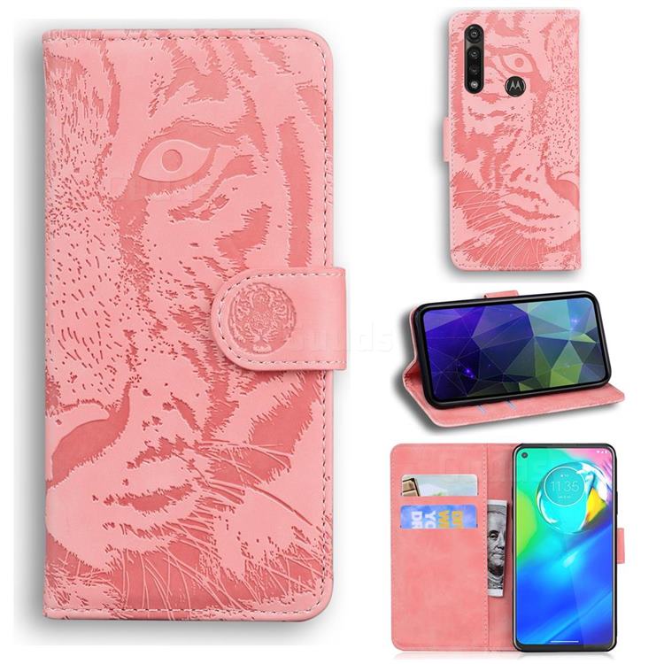 Intricate Embossing Tiger Face Leather Wallet Case for Motorola Moto G Power 2020 - Pink