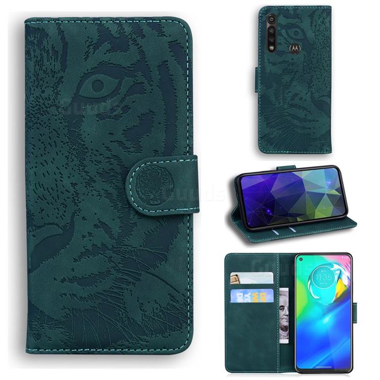 Intricate Embossing Tiger Face Leather Wallet Case for Motorola Moto G Power 2020 - Green