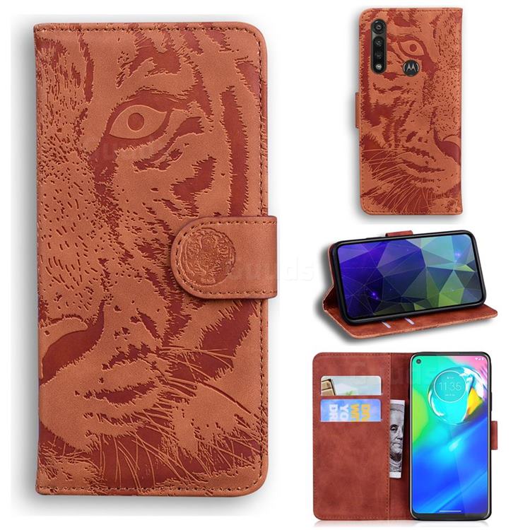 Intricate Embossing Tiger Face Leather Wallet Case for Motorola Moto G Power 2020 - Brown