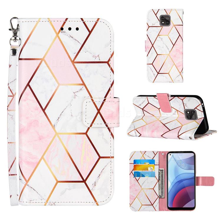 Pink White Stitching Color Marble Leather Wallet Case for Motorola Moto G Power 2021