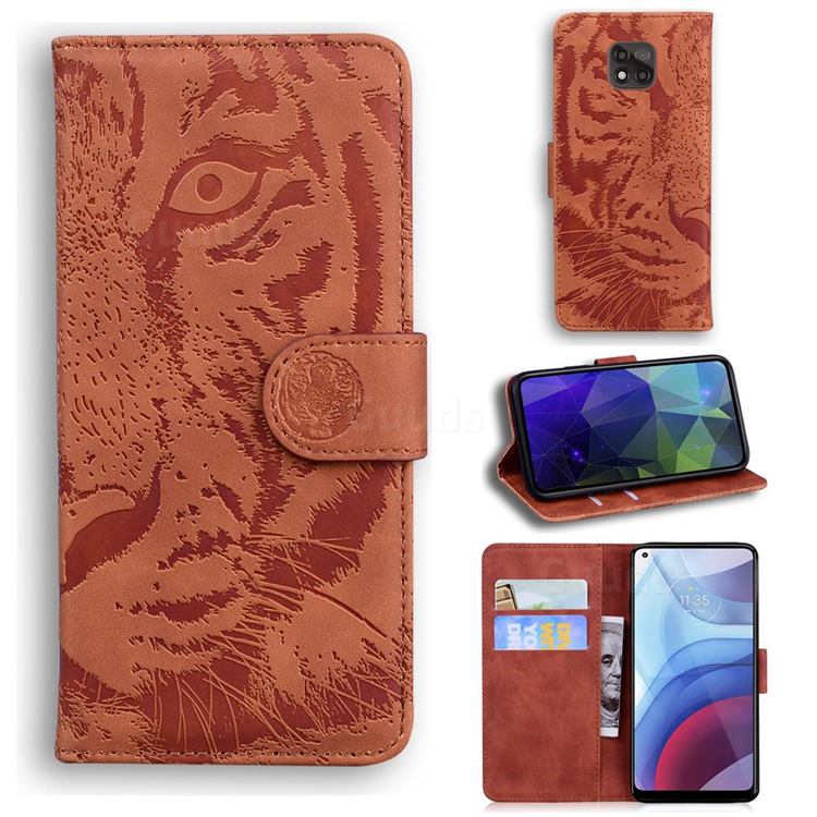 Intricate Embossing Tiger Face Leather Wallet Case for Motorola Moto G Power 2021 - Brown