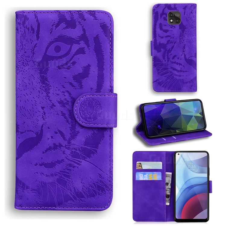 Intricate Embossing Tiger Face Leather Wallet Case for Motorola Moto G Power 2021 - Purple