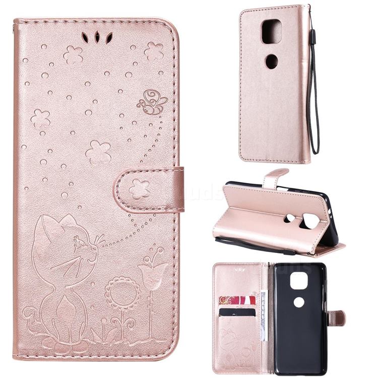 Embossing Bee and Cat Leather Wallet Case for Motorola Moto G Power 2021 - Rose Gold