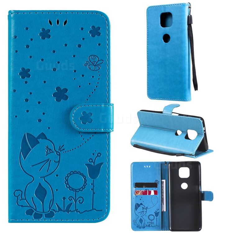Embossing Bee and Cat Leather Wallet Case for Motorola Moto G Power 2021 - Blue
