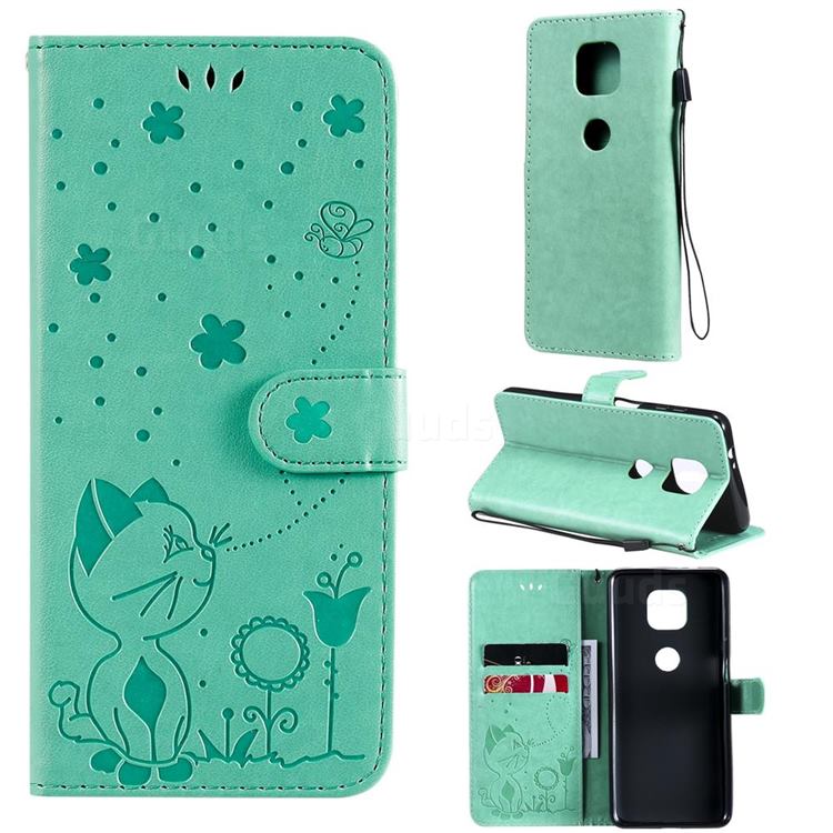 Embossing Bee and Cat Leather Wallet Case for Motorola Moto G Power 2021 - Green