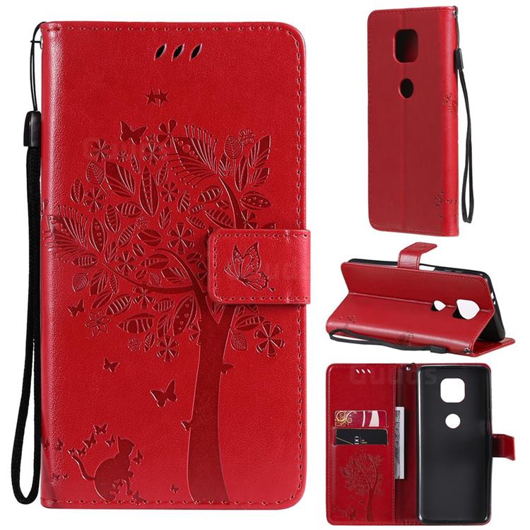 Embossing Butterfly Tree Leather Wallet Case for Motorola Moto G Power 2021 - Red