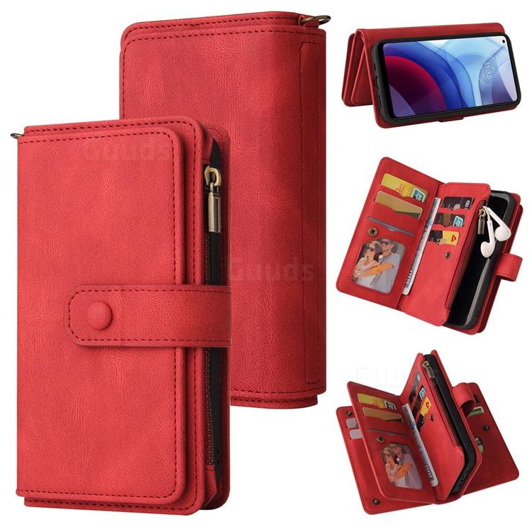 Luxury Multi-functional Zipper Wallet Leather Phone Case Cover for Motorola Moto G Power 2021 - Red