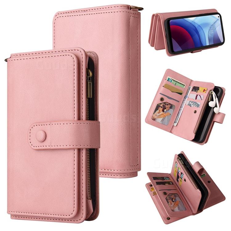Luxury Multi-functional Zipper Wallet Leather Phone Case Cover for Motorola Moto G Power 2021 - Pink