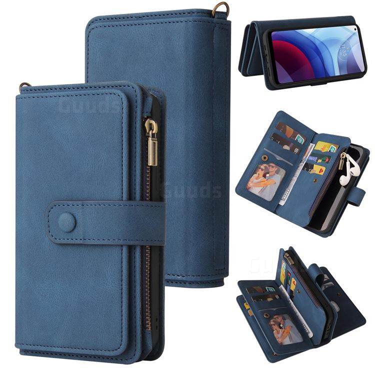 Luxury Multi-functional Zipper Wallet Leather Phone Case Cover for Motorola Moto G Power 2021 - Blue
