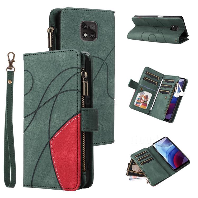 Luxury Two-color Stitching Multi-function Zipper Leather Wallet Case Cover for Motorola Moto G Power 2021 - Green