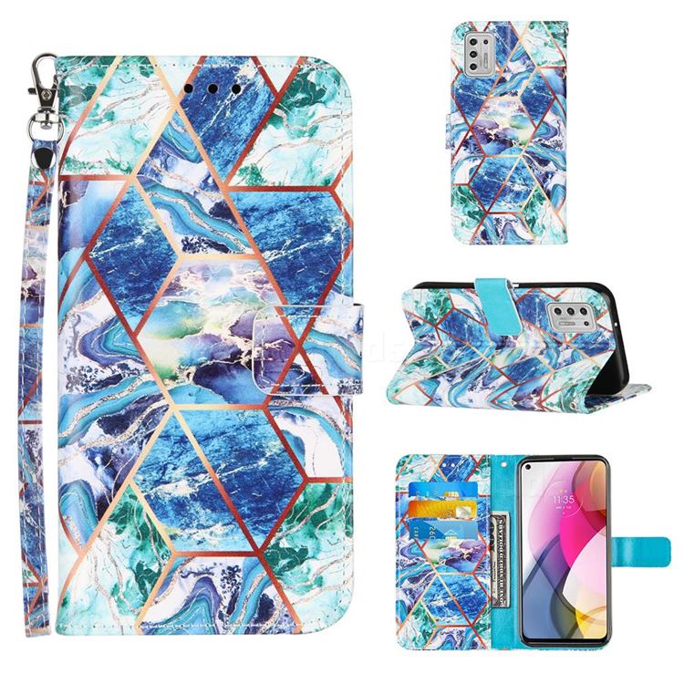Green and Blue Stitching Color Marble Leather Wallet Case for Motorola Moto G Stylus 2021