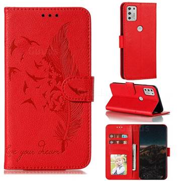 Intricate Embossing Lychee Feather Bird Leather Wallet Case for Motorola Moto G Stylus 2021 - Red