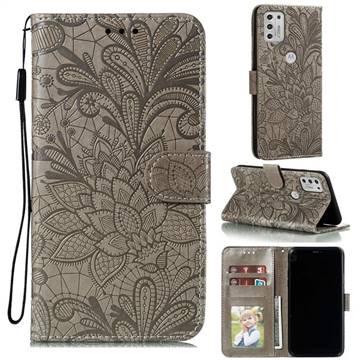 Intricate Embossing Lace Jasmine Flower Leather Wallet Case for Motorola Moto G Stylus 2021 - Gray