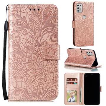 Intricate Embossing Lace Jasmine Flower Leather Wallet Case for Motorola Moto G Stylus 2021 - Rose Gold