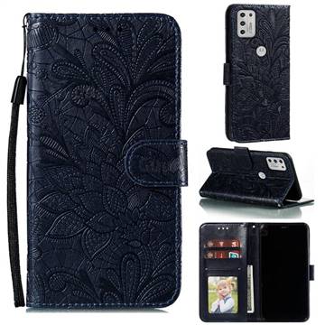 Intricate Embossing Lace Jasmine Flower Leather Wallet Case for Motorola Moto G Stylus 2021 - Dark Blue
