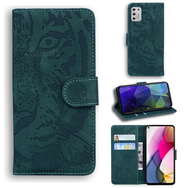 Intricate Embossing Tiger Face Leather Wallet Case for Motorola Moto G Stylus 2021 - Green