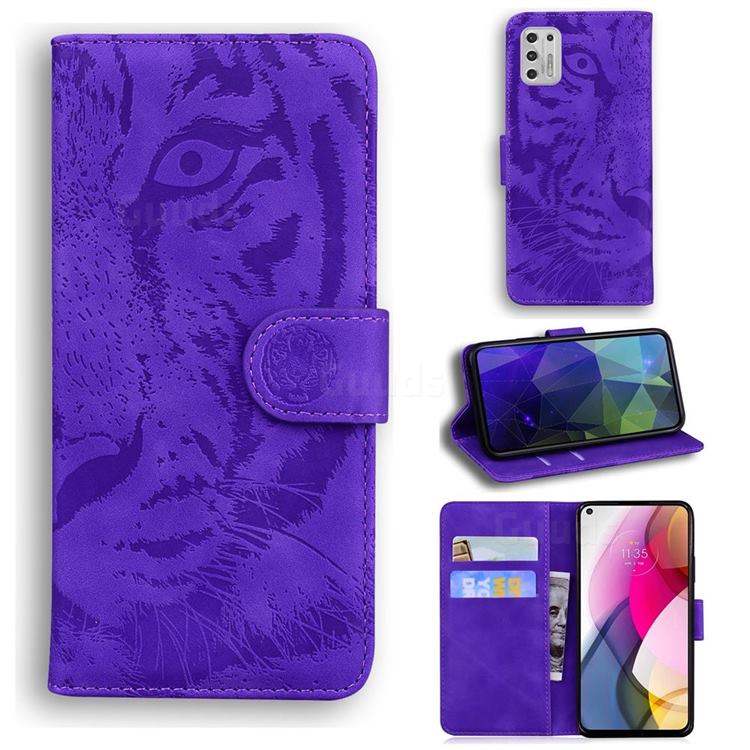 Intricate Embossing Tiger Face Leather Wallet Case for Motorola Moto G Stylus 2021 - Purple