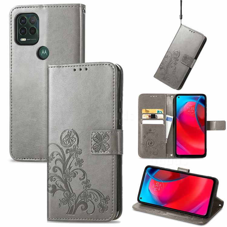 Embossing Imprint Four-Leaf Clover Leather Wallet Case for Motorola Moto G Stylus 2021 5G - Grey