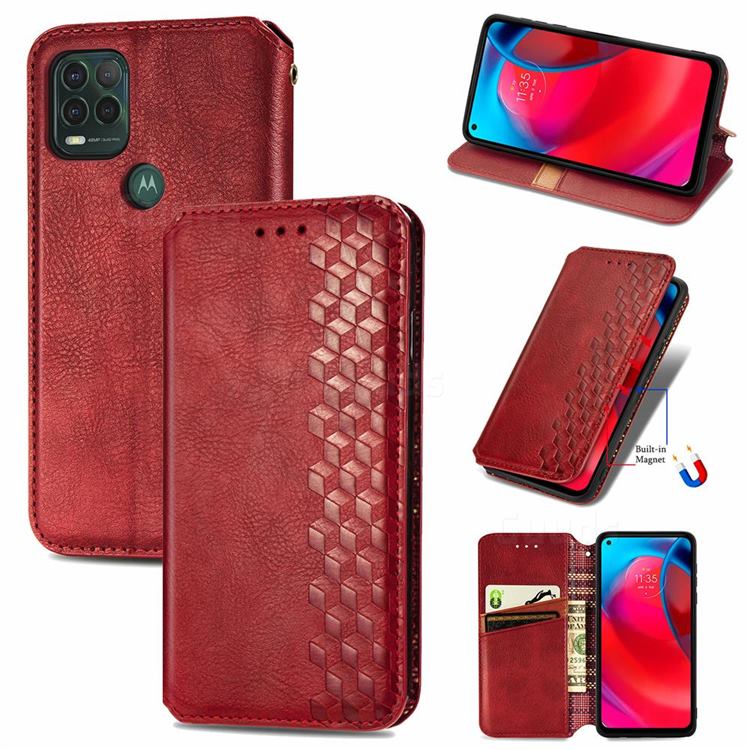 Ultra Slim Fashion Business Card Magnetic Automatic Suction Leather Flip Cover for Motorola Moto G Stylus 2021 5G - Red