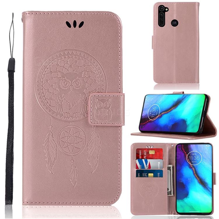 Intricate Embossing Owl Campanula Leather Wallet Case for Motorola Moto G Stylus - Rose Gold