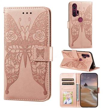 Intricate Embossing Rose Flower Butterfly Leather Wallet Case for Motorola Moto G Stylus - Rose Gold