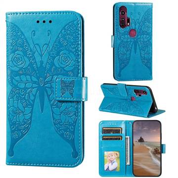 Intricate Embossing Rose Flower Butterfly Leather Wallet Case for Motorola Moto G Stylus - Blue