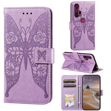 Intricate Embossing Rose Flower Butterfly Leather Wallet Case for Motorola Moto G Stylus - Purple