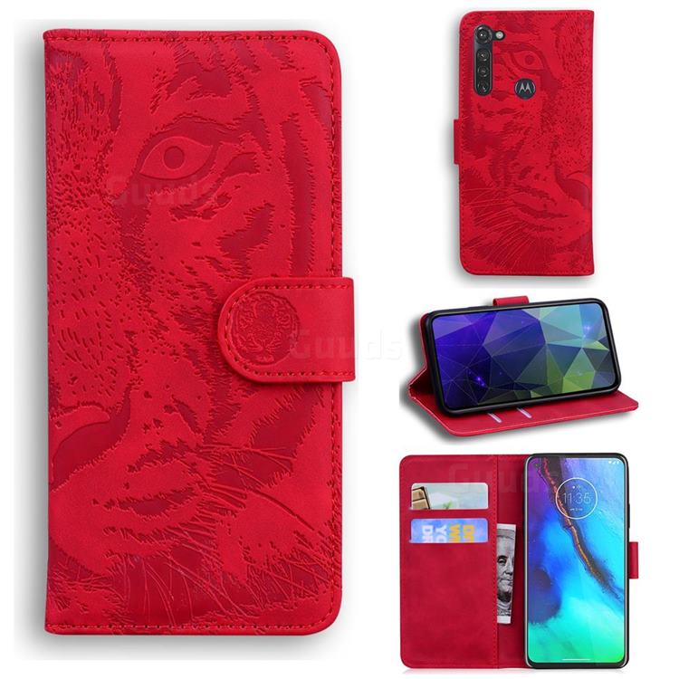 Intricate Embossing Tiger Face Leather Wallet Case for Motorola Moto G Stylus - Red