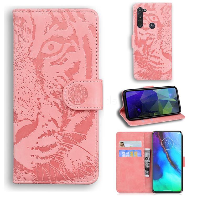 Intricate Embossing Tiger Face Leather Wallet Case for Motorola Moto G Stylus - Pink