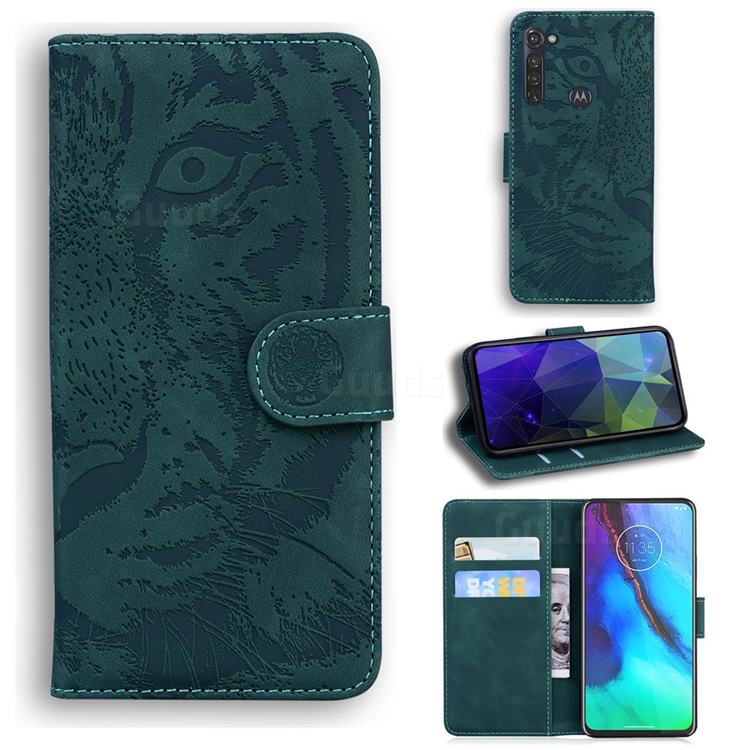 Intricate Embossing Tiger Face Leather Wallet Case for Motorola Moto G Stylus - Green