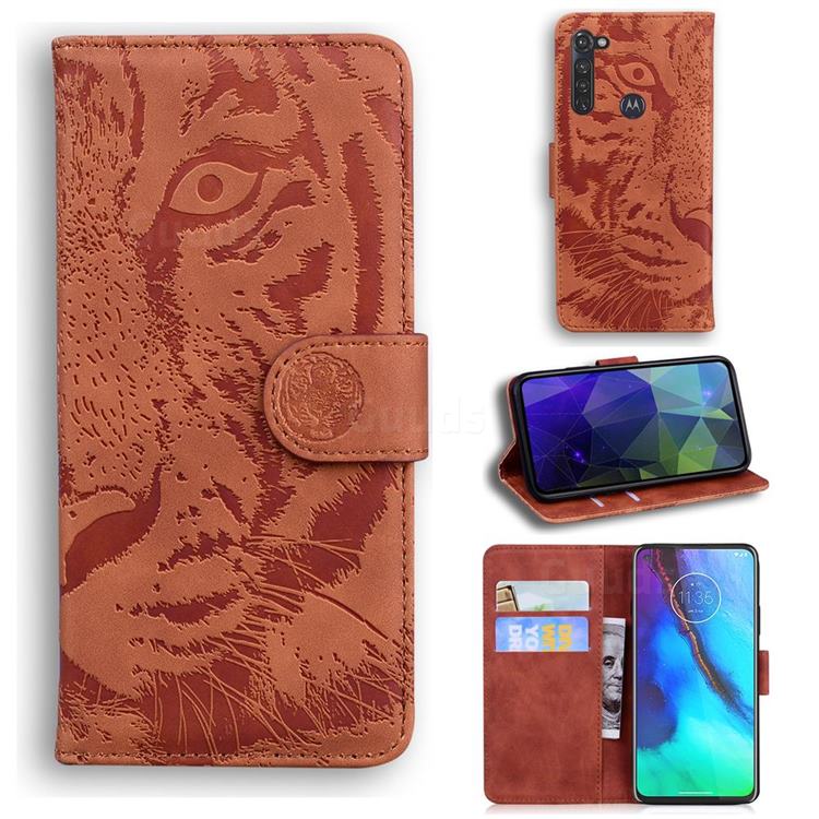 Intricate Embossing Tiger Face Leather Wallet Case for Motorola Moto G Stylus - Brown