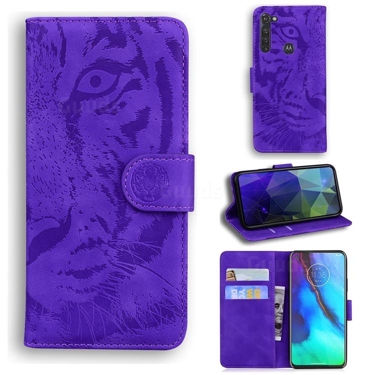 Intricate Embossing Tiger Face Leather Wallet Case for Motorola Moto G Stylus - Purple