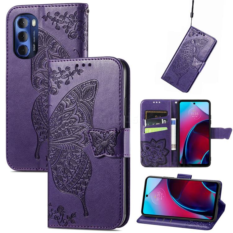 Embossing Mandala Flower Butterfly Leather Wallet Case for Motorola Moto G Stylus 2022 - Dark Purple