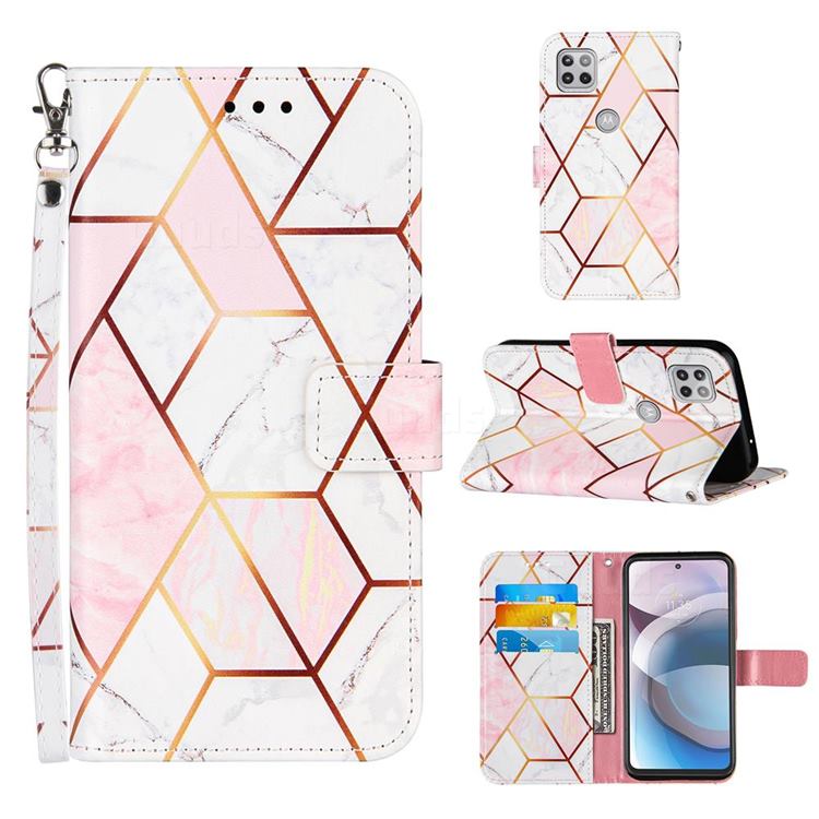 Pink White Stitching Color Marble Leather Wallet Case for Motorola One 5G Ace