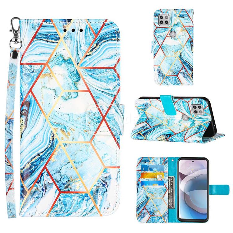 Lake Blue Stitching Color Marble Leather Wallet Case for Motorola One 5G Ace